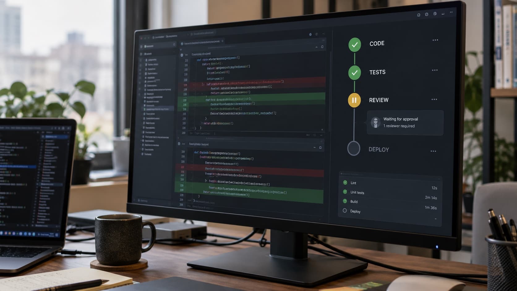 Poste de développement affichant une revue de code et un pipeline CI/CD en attente de validation avant déploiement.
