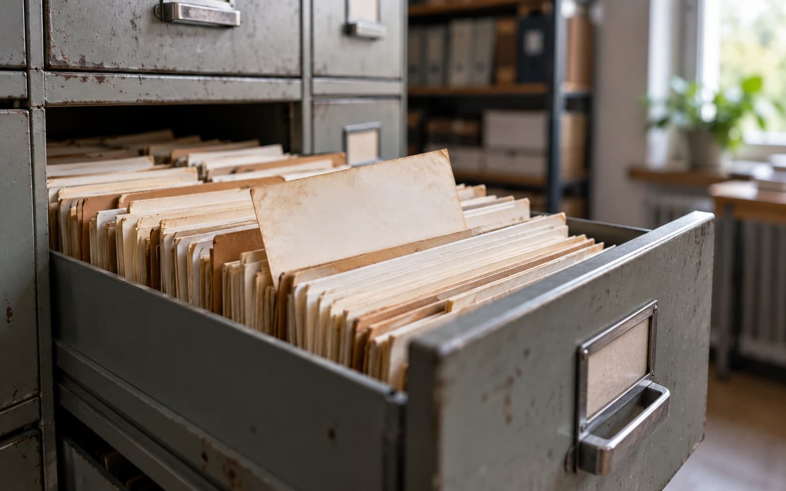 Un tiroir d’archives ouvert, avec une fiche originale au milieu des dossiers.