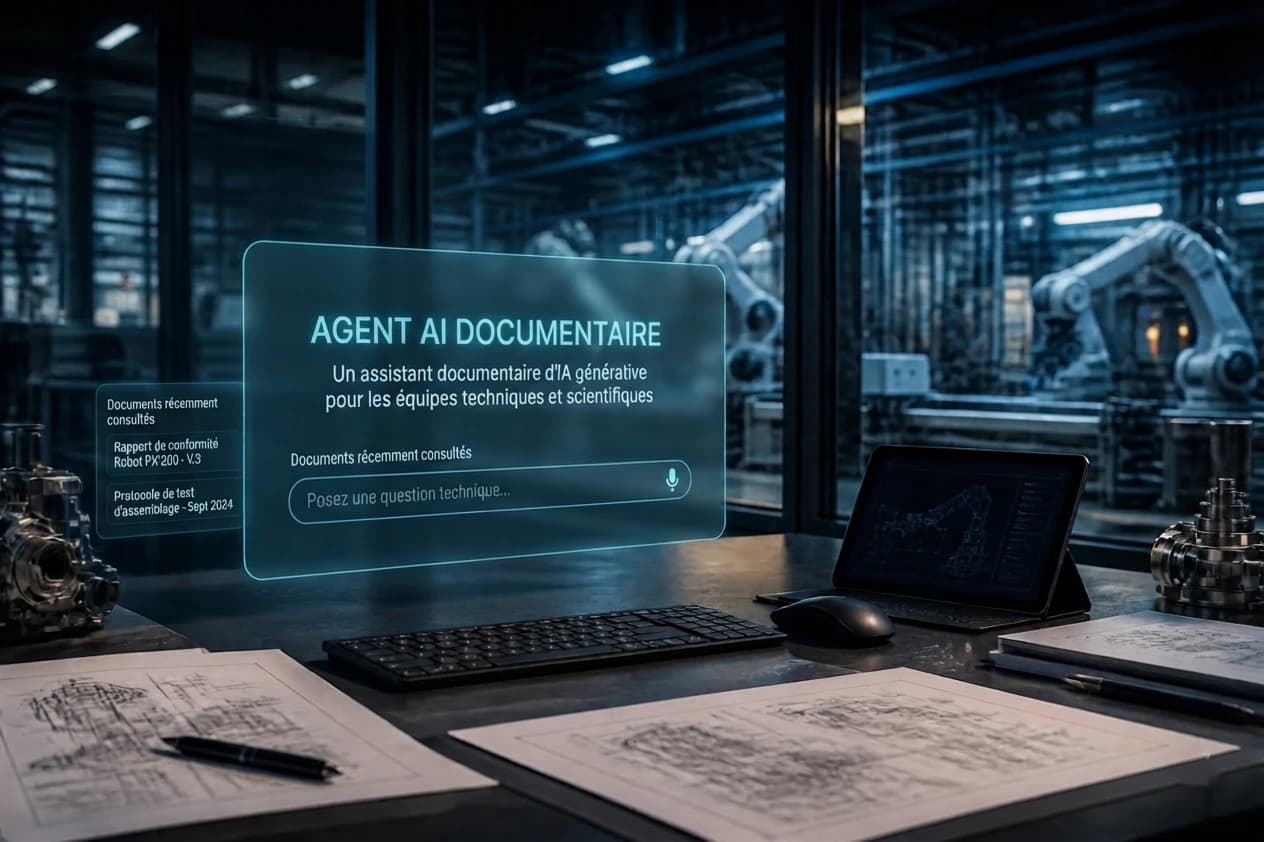 Interface d’un assistant documentaire d’IA posée devant un atelier de robots industriels, plans techniques sur le bureau.