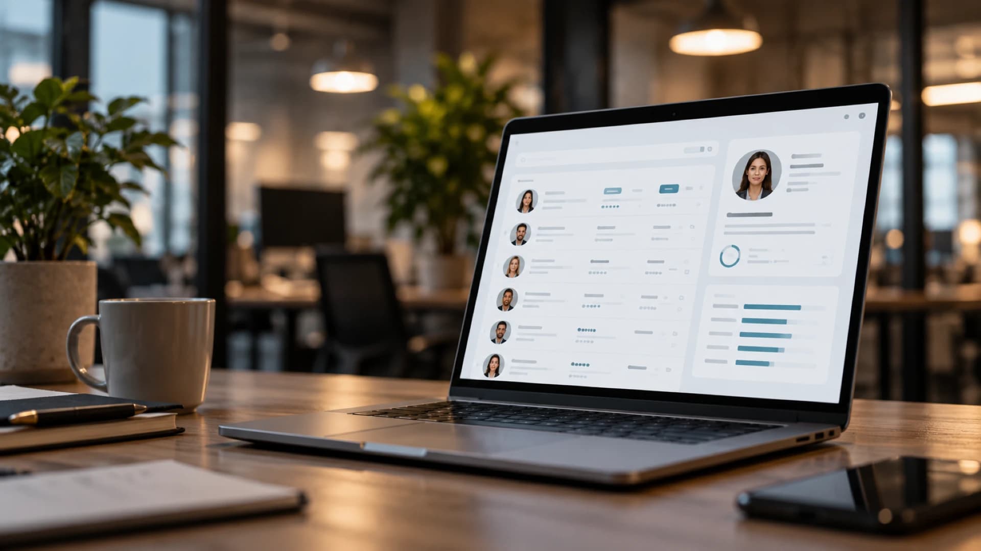 Ordinateur portable affichant une liste de profils de candidats et leurs scores, sur un bureau.