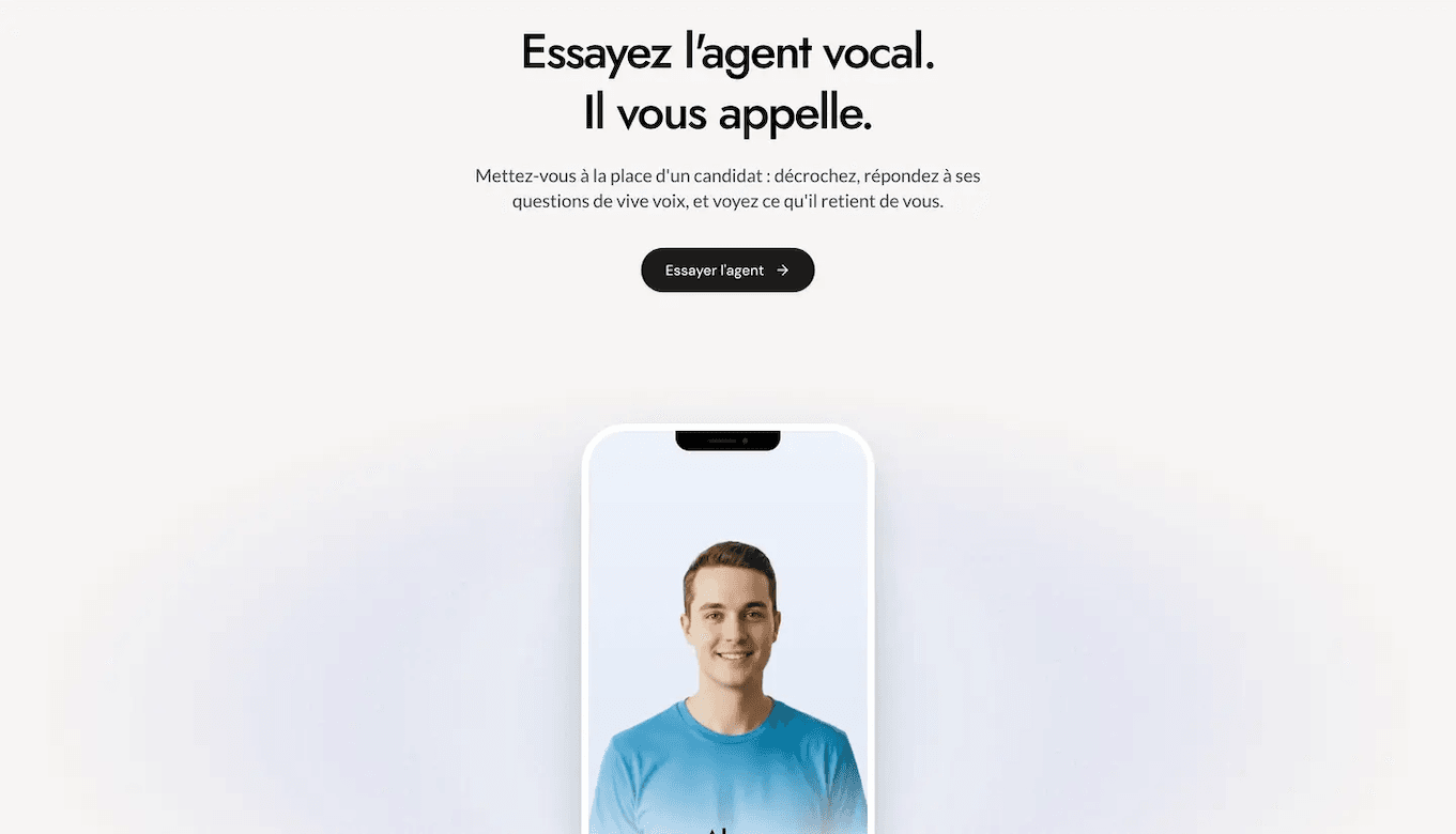 Page de démonstration de l’agent vocal de Delectus AI : le candidat est appelé et répond de vive voix.