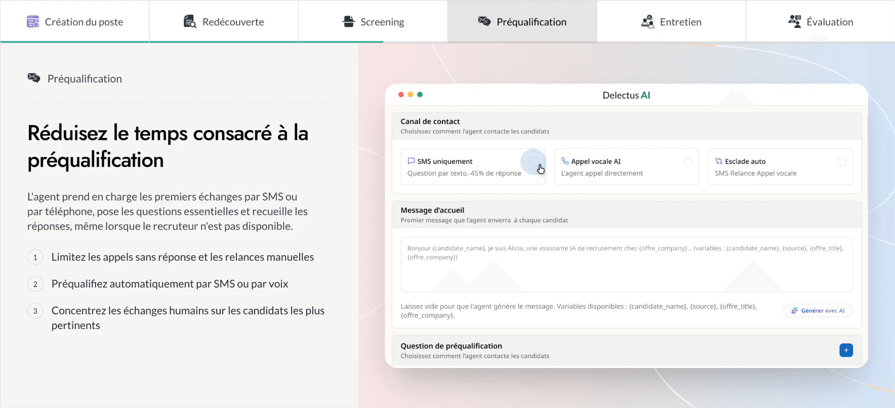 Préqualification dans Delectus AI : configuration du canal et des questions par offre.