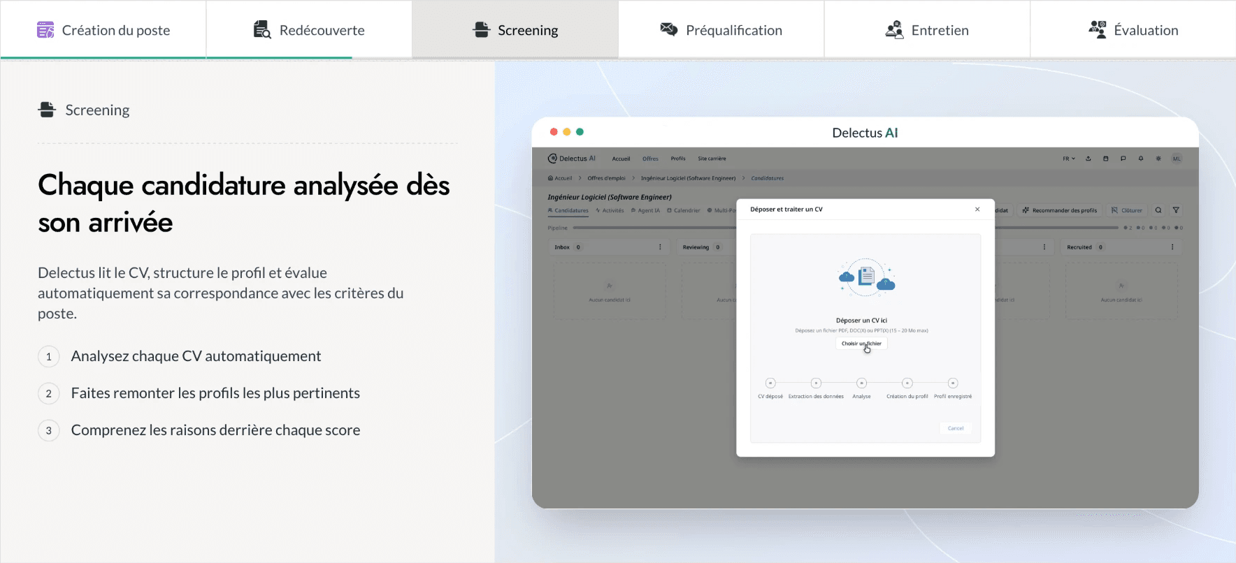 Screening dans Delectus AI : lecture et évaluation des candidatures entrantes.